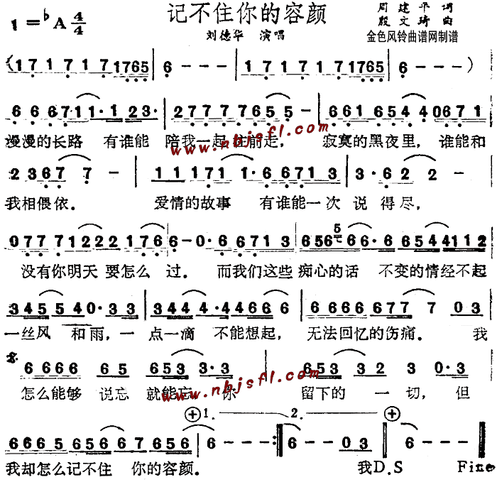 未知 《记不住你的容颜》简谱