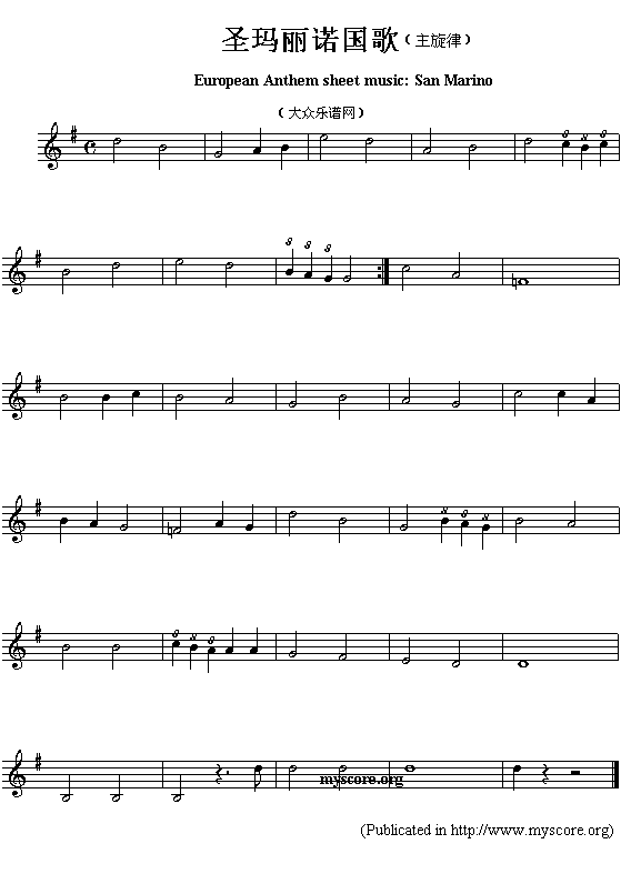 未知 《欧洲各国国歌曲谱：圣玛丽诺（European Anthem sheet music:San Marino）》简谱