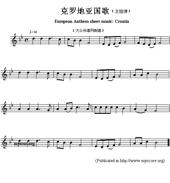 未知 《欧洲各国国歌曲谱：克罗地亚（European Anthem sheet  music:Croatia）》简谱