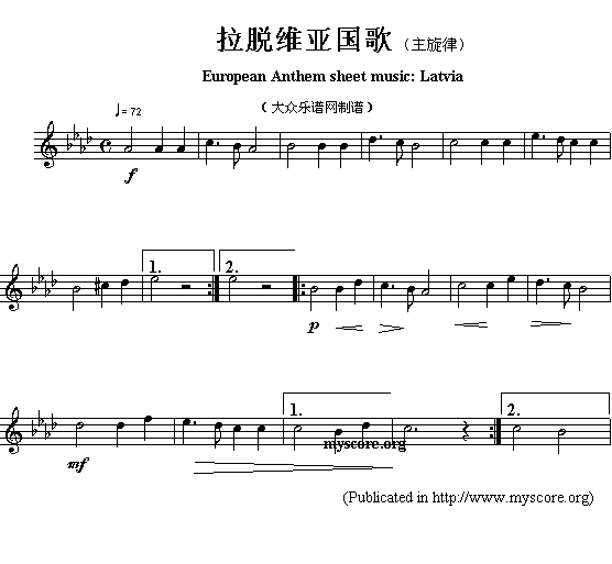 未知 《欧洲各国国歌曲谱：拉脱维亚（European Anthem sheet music:Latvia）》简谱