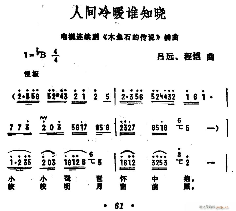 未知 《人间冷暖谁知晓》简谱