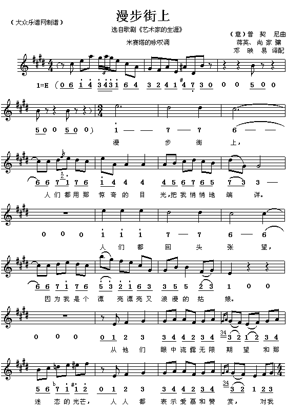 未知 《(意)普契尼歌剧“艺术家的生涯”：漫步街上(简线对照)》简谱