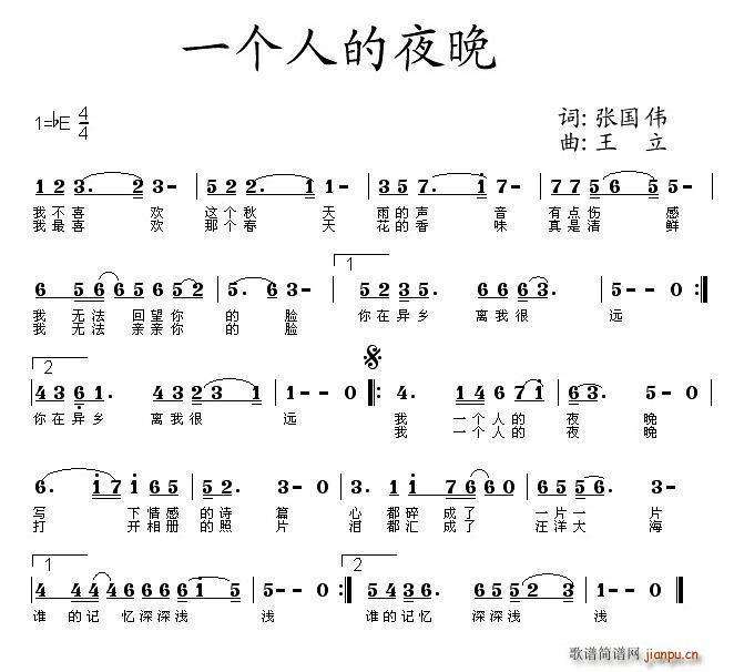 张国伟 《一个人的夜晚》简谱