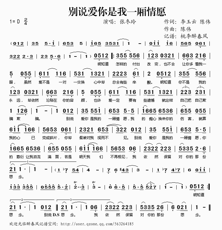 张冬玲 《别说爱你是我一厢情愿》简谱