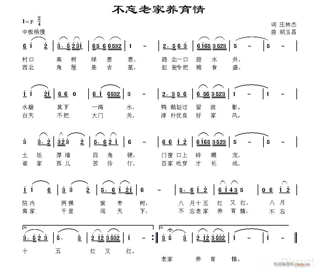 胡玉昌 庄林杰 《不忘老家养育情》简谱