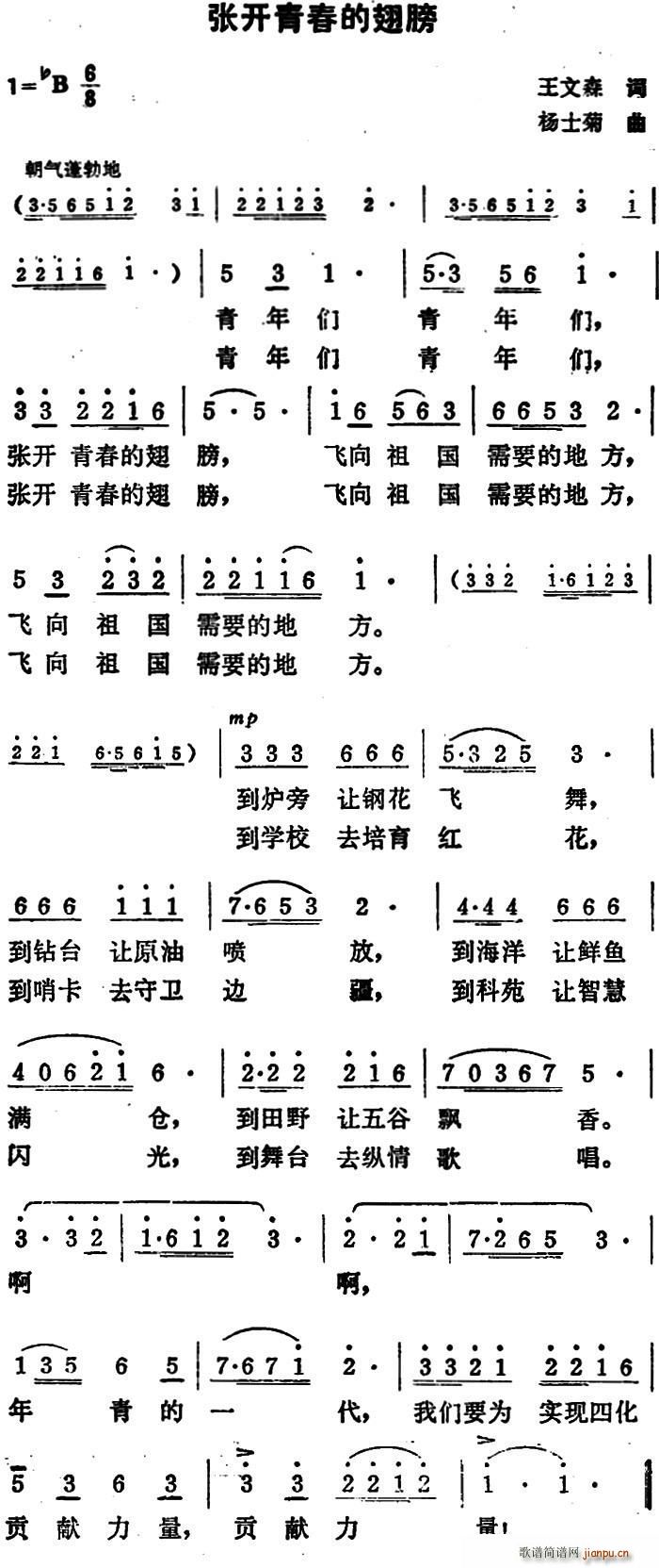 王文森 《张开青春的翅膀》简谱