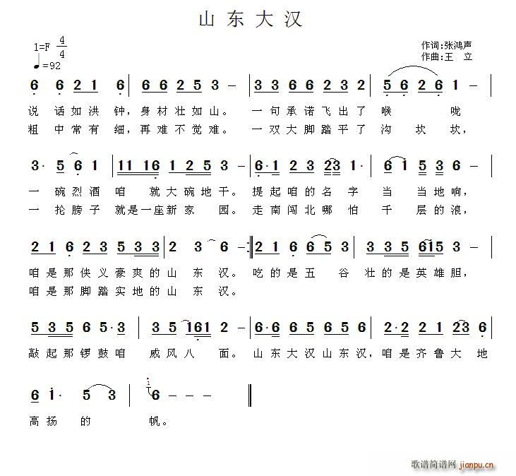 王wangli 张鸿声 《山东大汉（张鸿声词 王立曲）》简谱