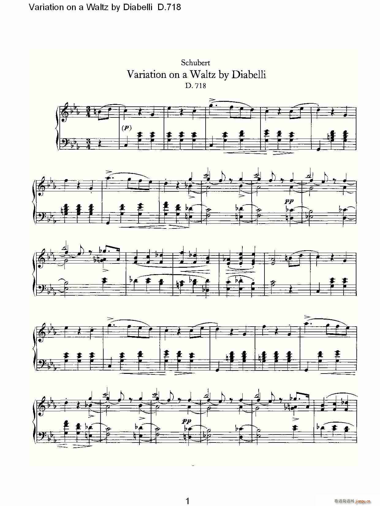 弗朗兹·舒柏特   朴素传幽真 《Variation on a Waltz by Diabelli D.718（Diabelli华尔）》简谱