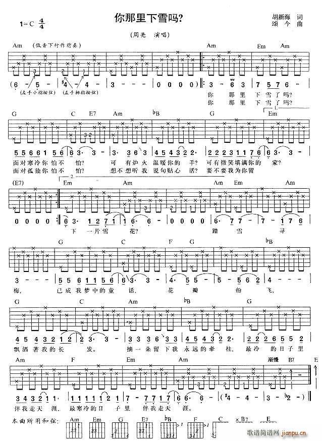 周亮   徜徉 胡新海 《你那里下雪了》简谱