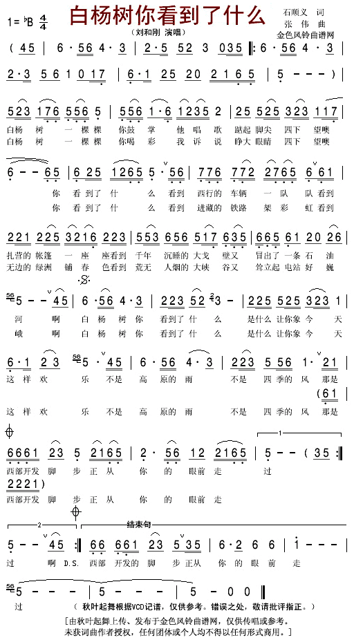 刘和刚 《白杨树你看到了什么》简谱