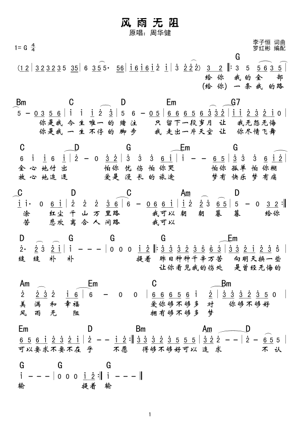 周华健 《风雨无阻》简谱