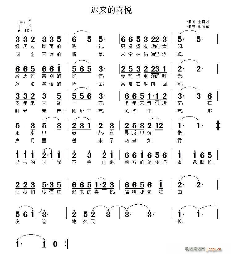 李德军 王有才 《迟来的喜悦》简谱