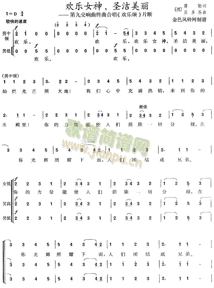 欢乐女神圣洁美丽(第九交响曲 《欢乐颂》简谱