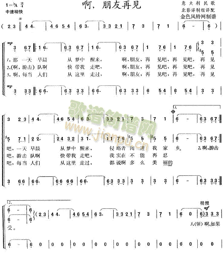 未知 《啊朋友再见(意大利民歌)》简谱
