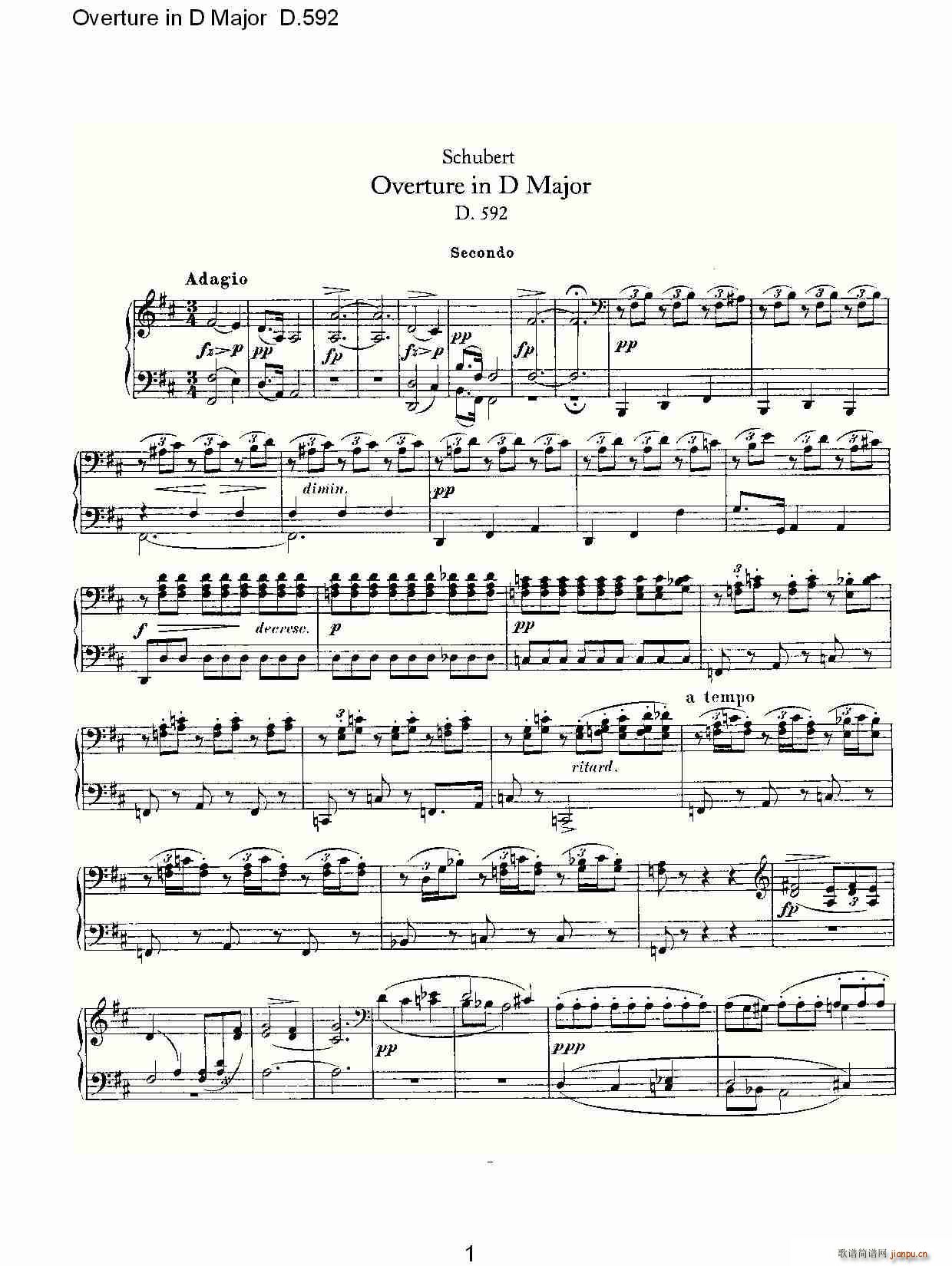 弗朗兹·舒柏特   朴素传幽真 《Overture in D Major D.592（Ｄ大调序曲 D.592）》简谱