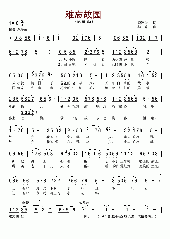 刘和刚 《难忘故园》简谱