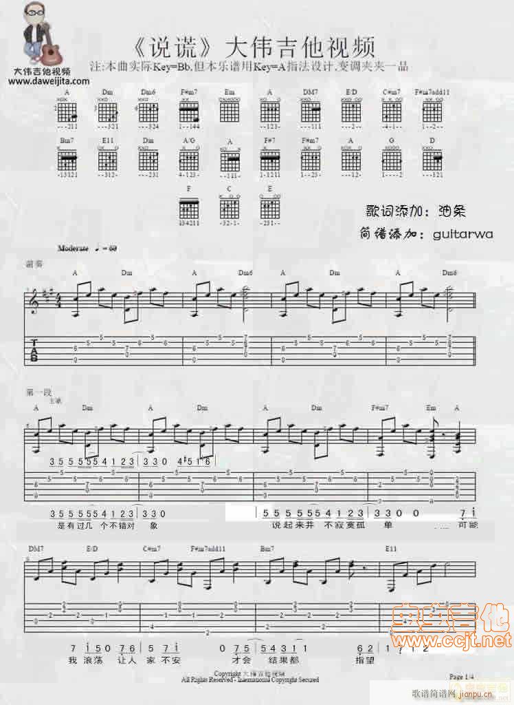 林宥嘉   guitarwa 《说谎-大伟老师带歌词版》简谱