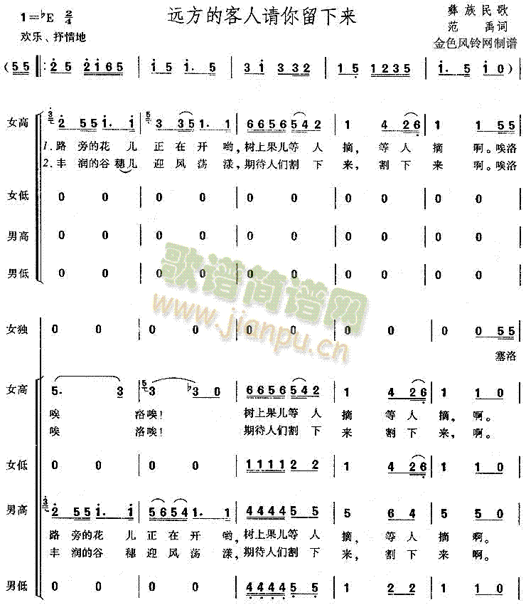 未知 《远方的客人请你留下来(彝族民歌)》简谱