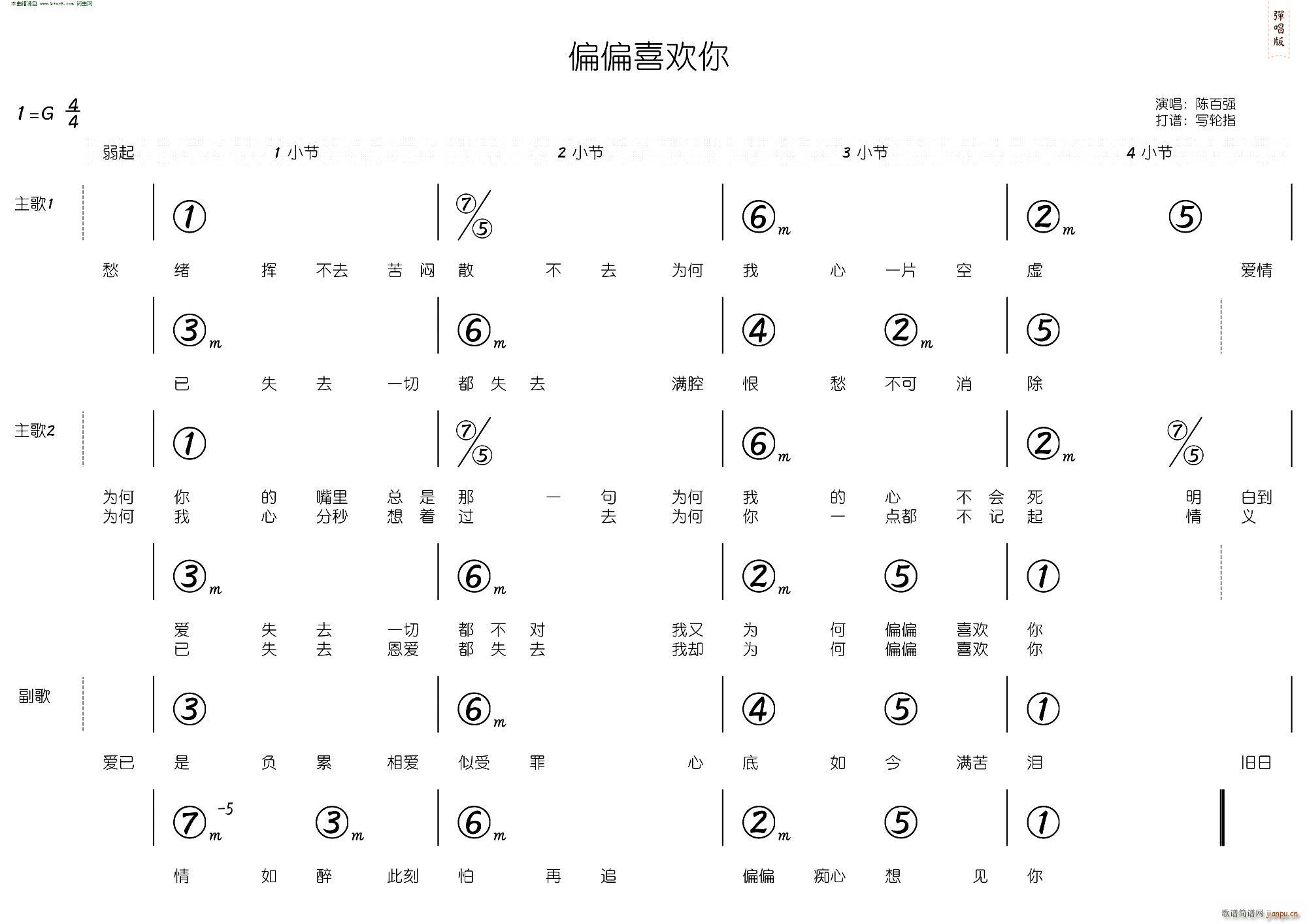 未知 《偏偏喜欢你(简和谱)》简谱