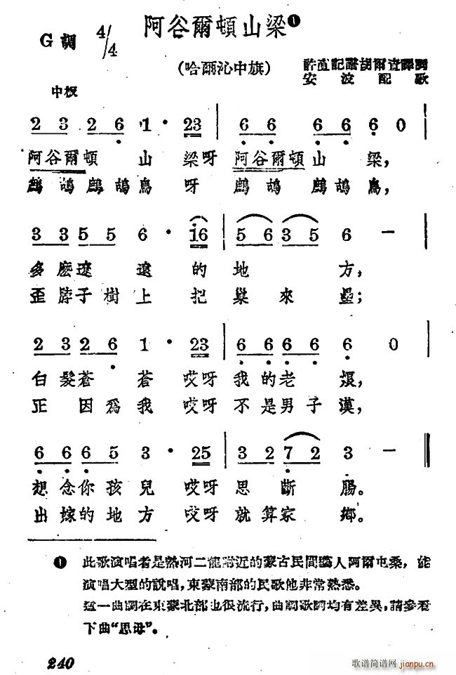 未知 《阿谷尔顿山梁》简谱