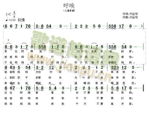 这是观看《妈妈再我一次》后创作的。说的是一个家庭由于第三者插足濒临破裂，孩子舍不得离开妈妈的情景。通过孩子的呼唤,希望为了孩子真爱自己的家庭。也希望能有一部这样内容的电视剧，使其成为主题歌曲。联系：新浪博客网址.http://blog.com.cn/dahai807161404. 《呼唤》简谱