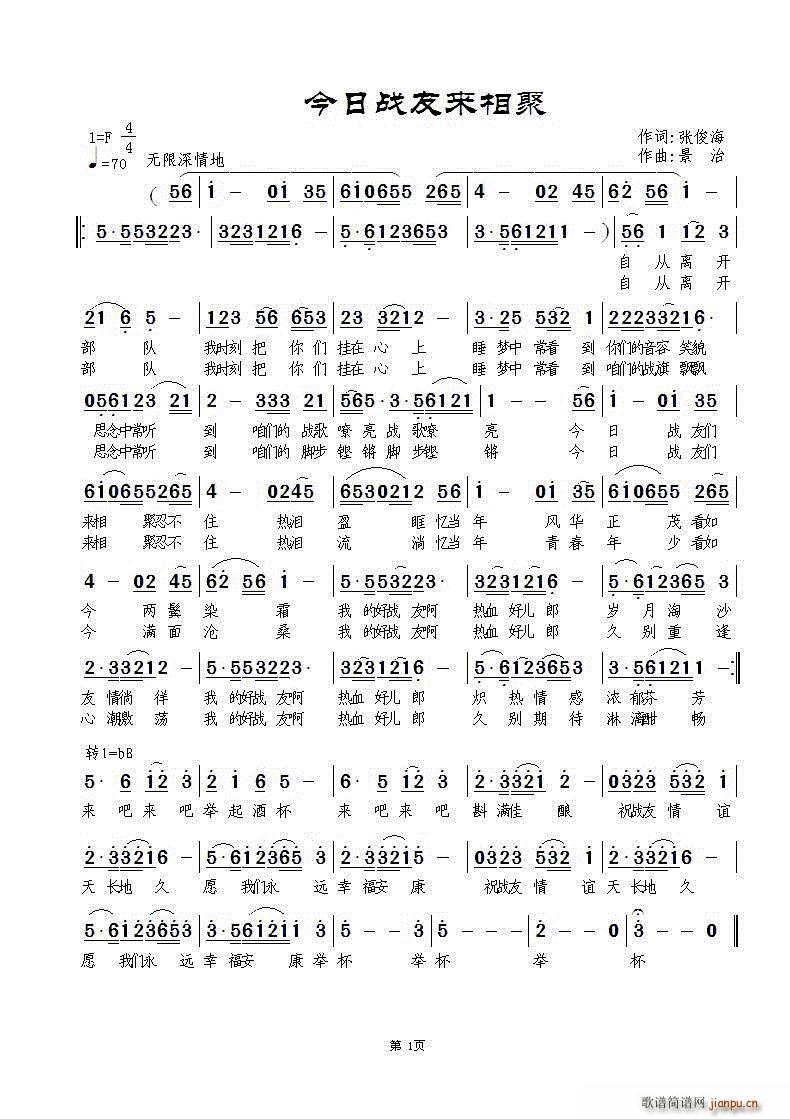 迟云 八一红霞   景治 张俊海 《今日战友来相聚》简谱