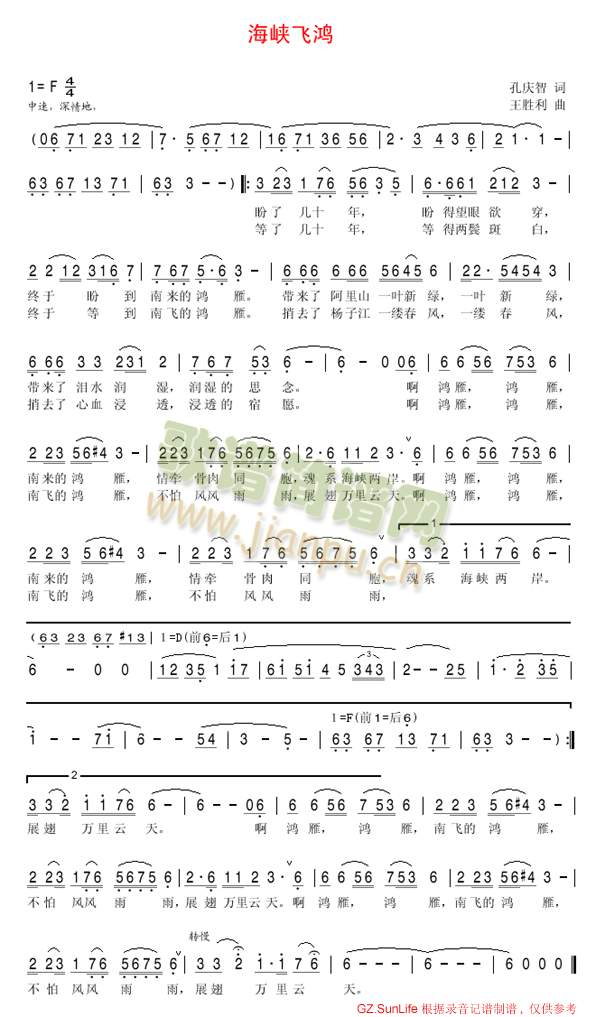 王秀芬、廖昌永 《海峡飞鸿》简谱