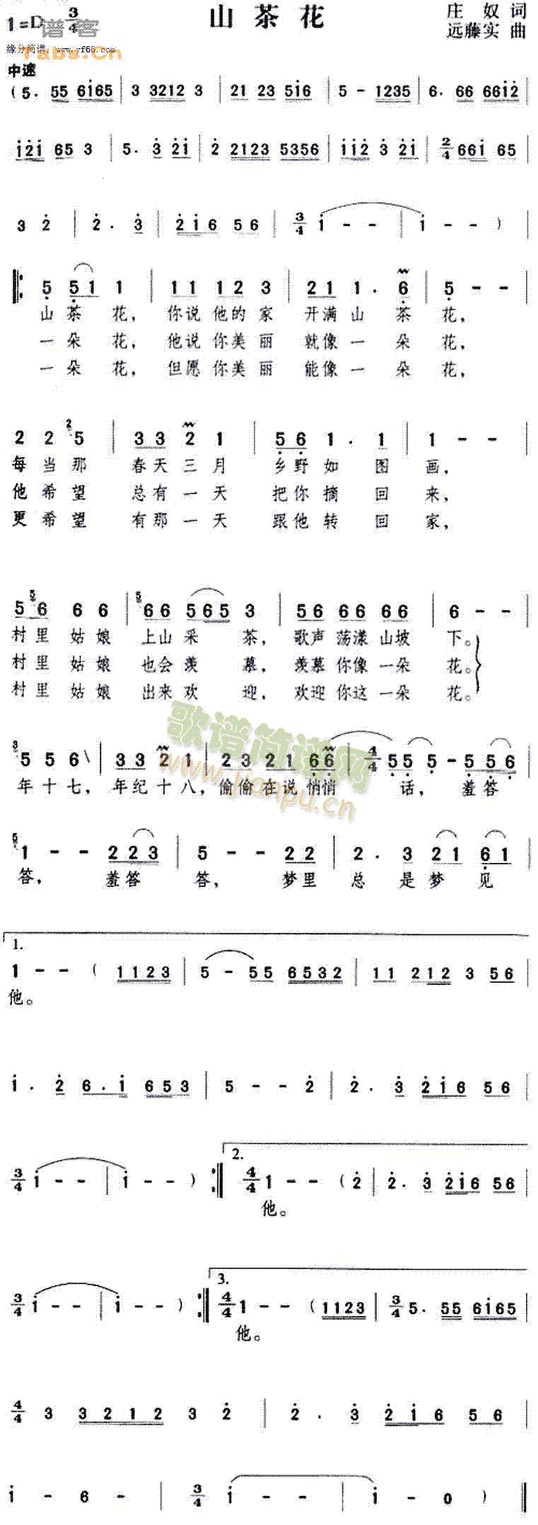 邓丽君 《山茶花》简谱