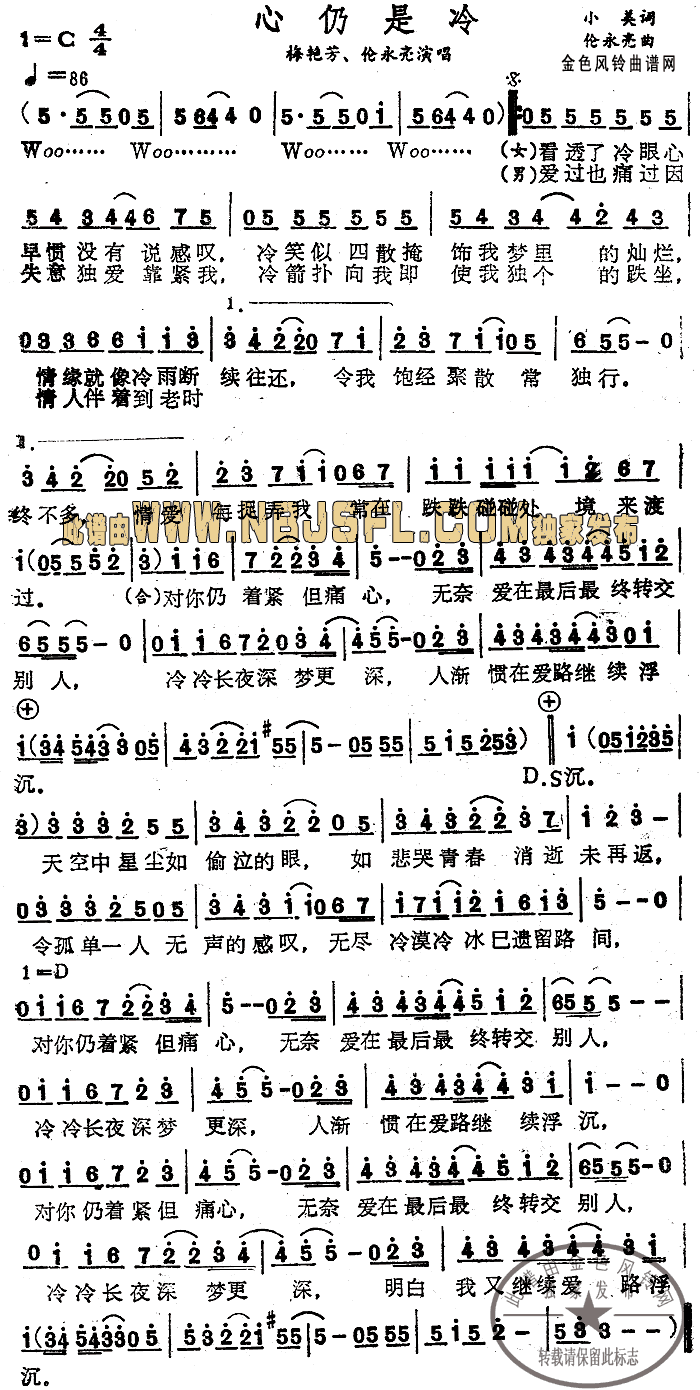 梅艳芳、伦永亮 《心仍是冷(粤语)》简谱