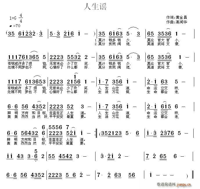 黄金昌 《人生谣》简谱