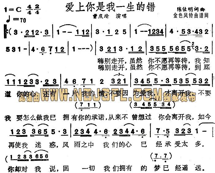 曾庆瑜 《爱上你是我一生的错》简谱