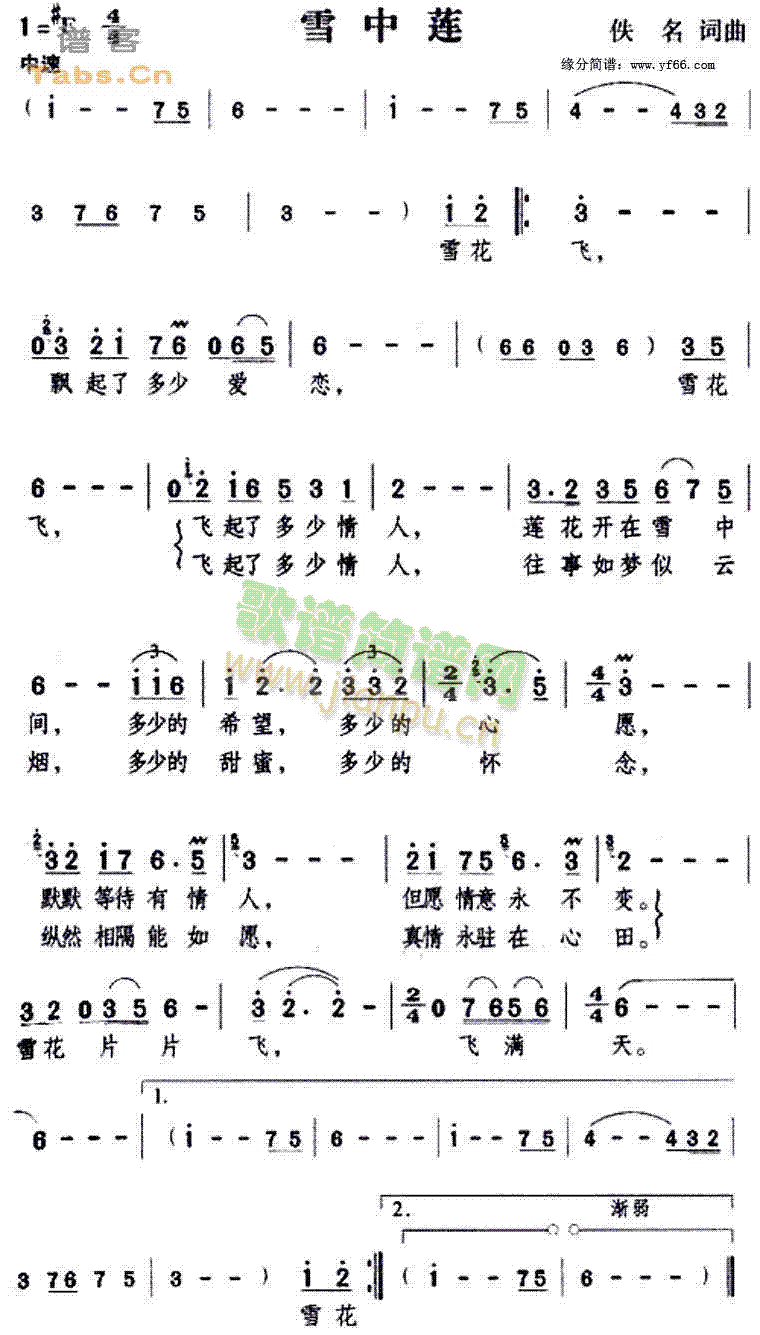 王菲 《雪中莲》简谱