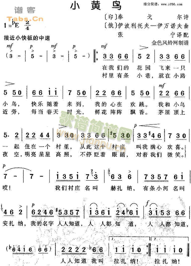 未知 《小黄鸟》简谱