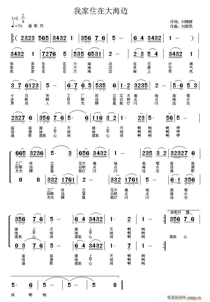 流星明 刘锦辉 《我家住在大海边（刘锦辉词 刘新民曲）》简谱