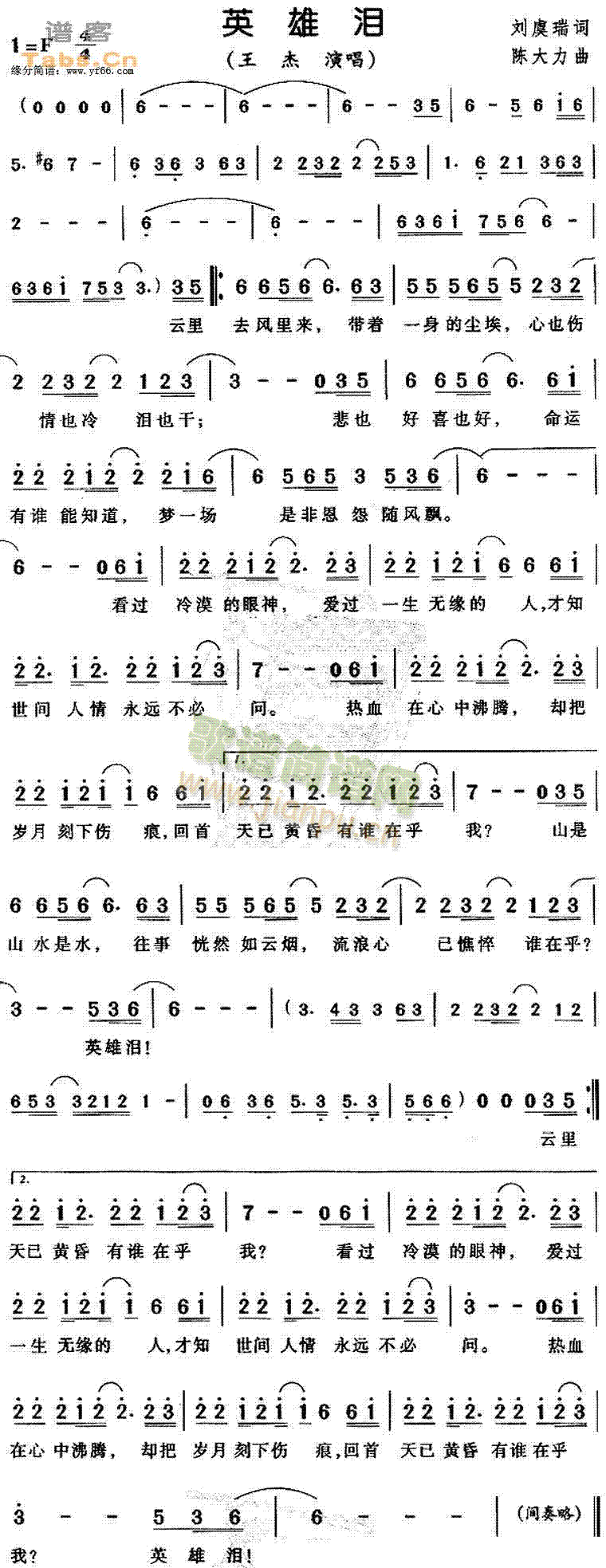 王杰 《英雄泪》简谱