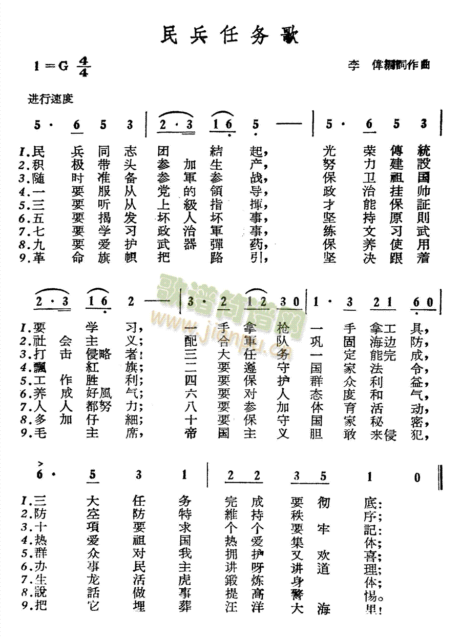 未知 《民兵任务歌》简谱