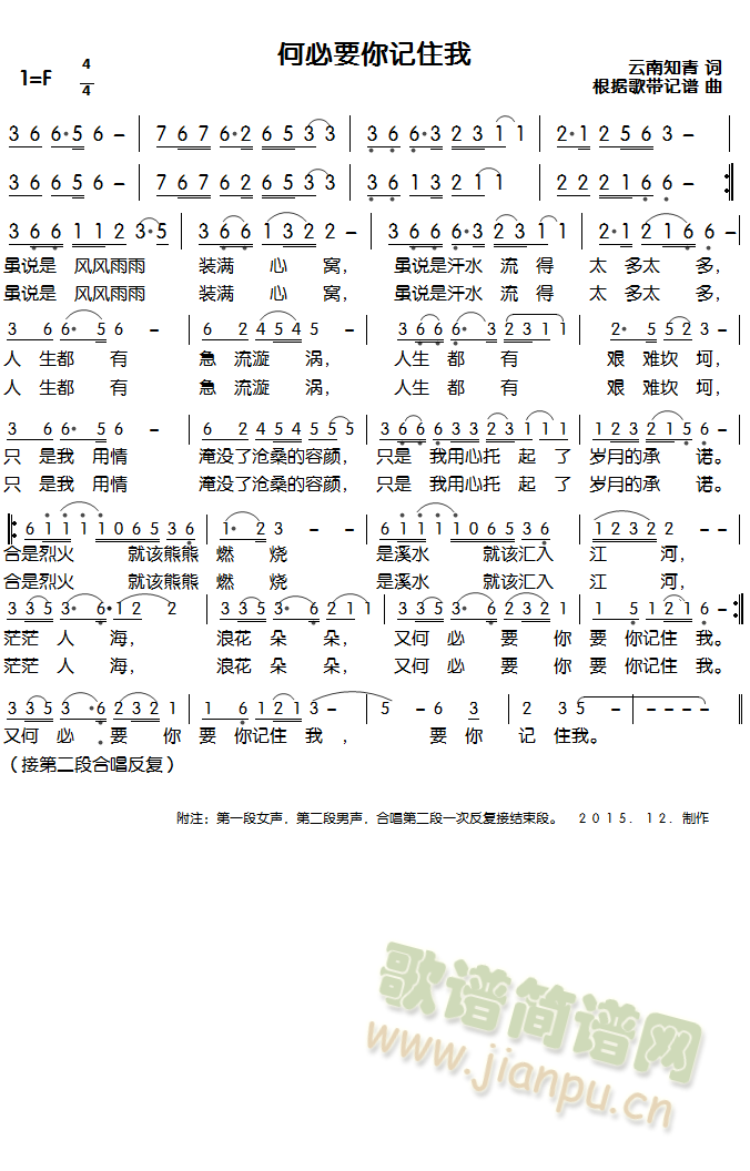 根据纪录片《胶魂》主题歌编辑 《何必要你记住我》简谱