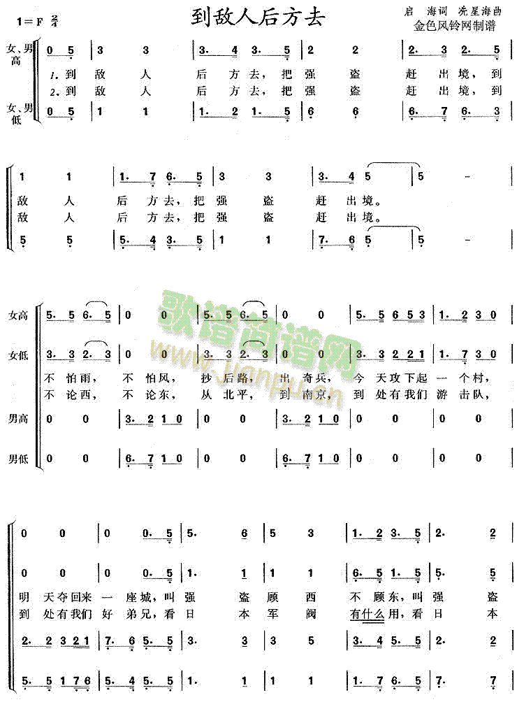 未知 《到敌人后方去》简谱