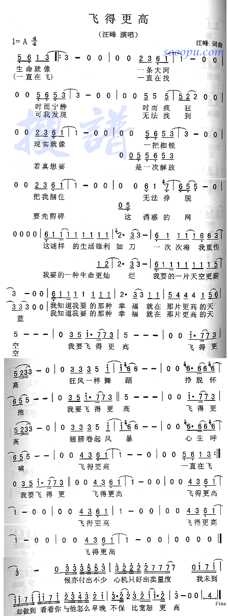 汪峰 《飞得更高》简谱