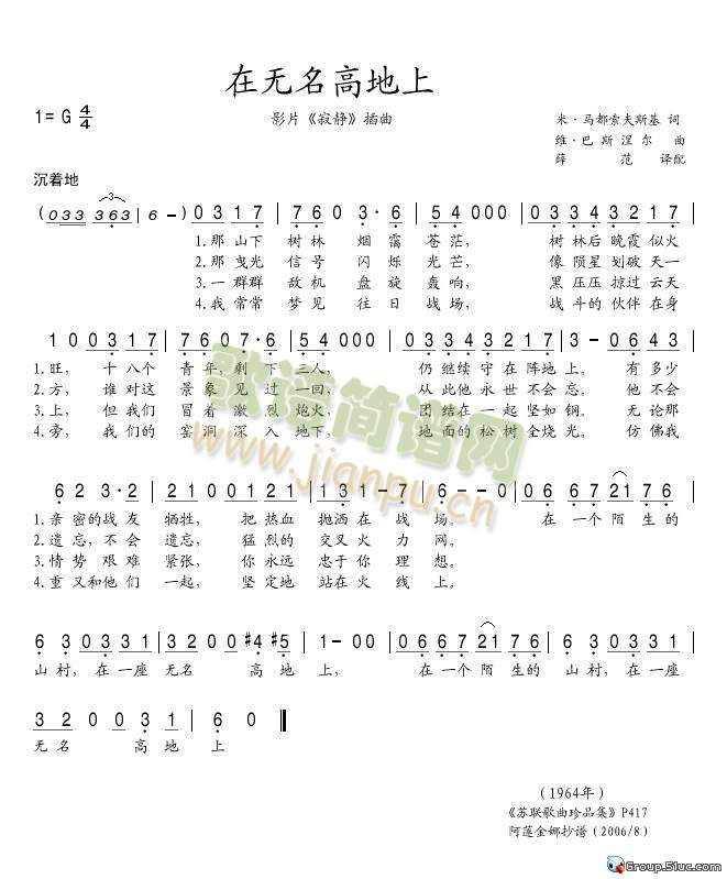 列夫·巴拉什柯夫演唱 《在无名高地上》简谱