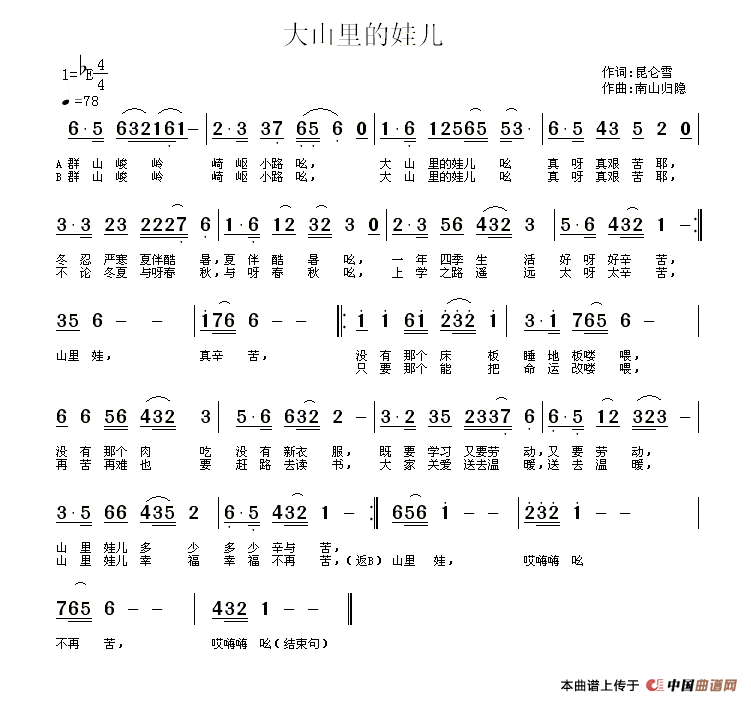 作词：昆仑雪作曲：南山归隐 《大山里娃儿》简谱