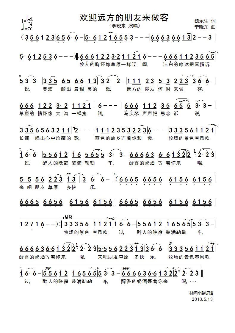 李晓东 《欢迎远方的朋友来做客》简谱