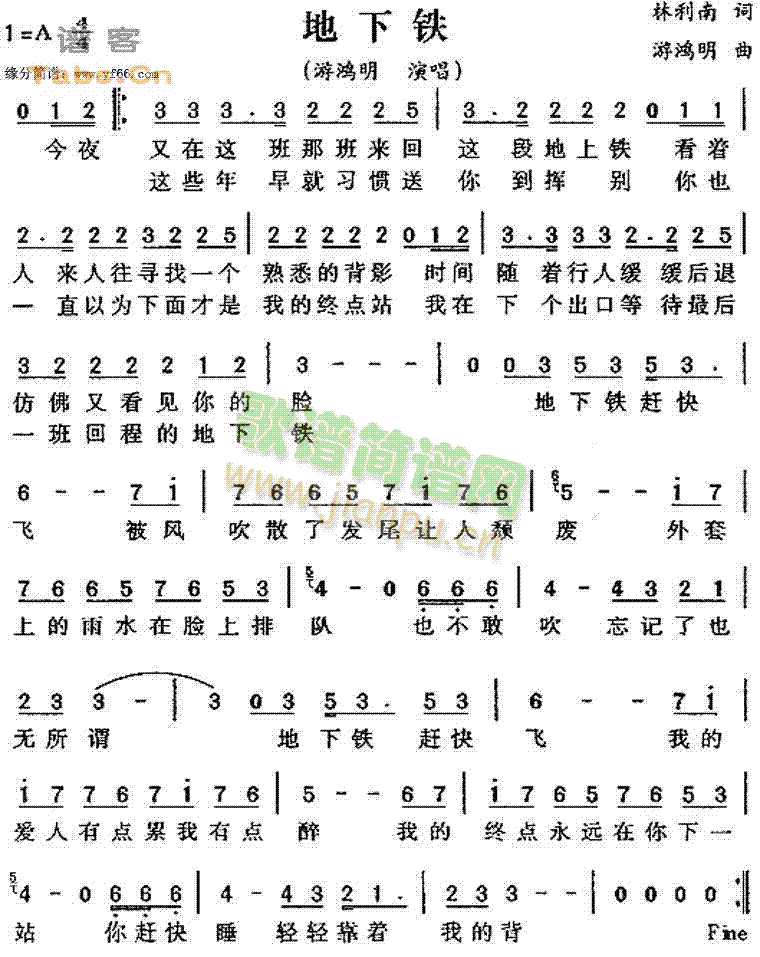 游鸿鸣 《地下铁》简谱