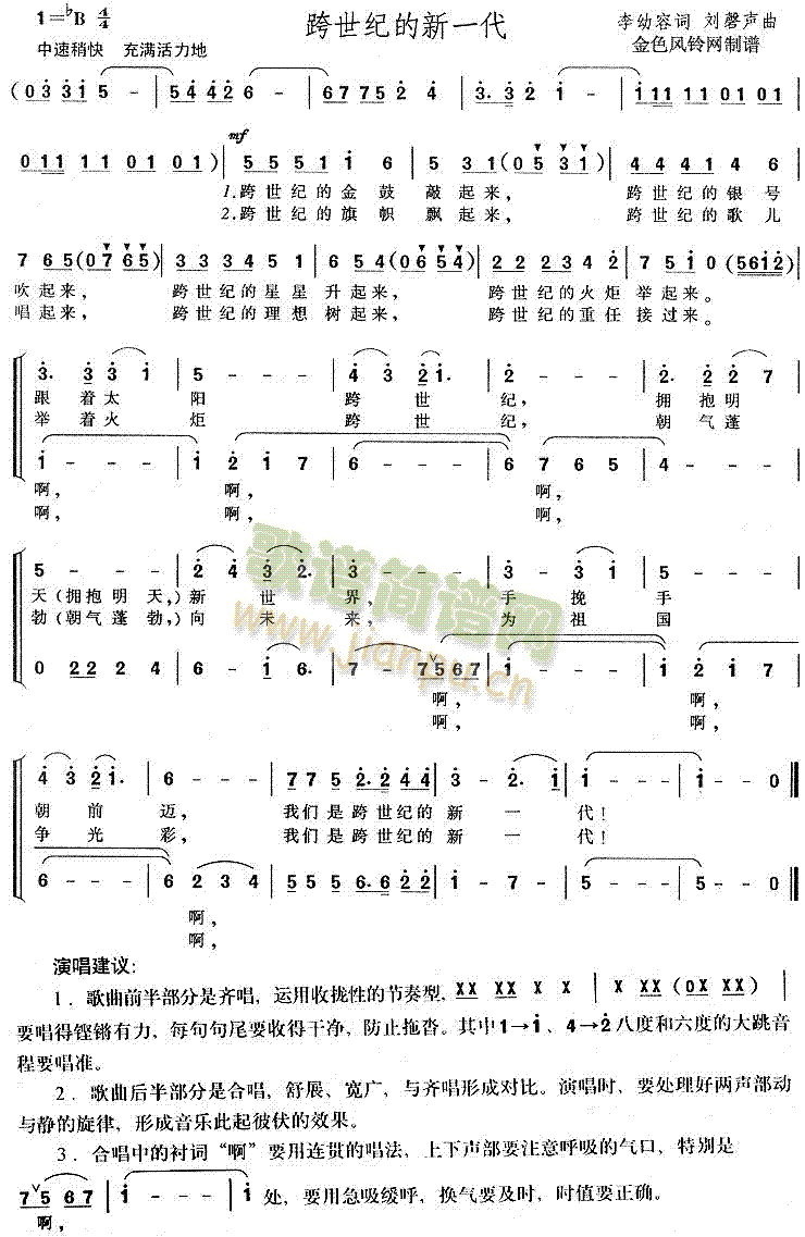 未知 《跨世纪的新一代》简谱