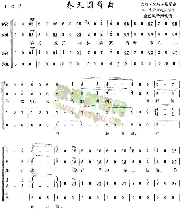 未知 《春天圆舞曲》简谱