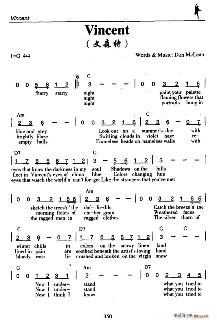 未知 《Vincent（文森特）》简谱