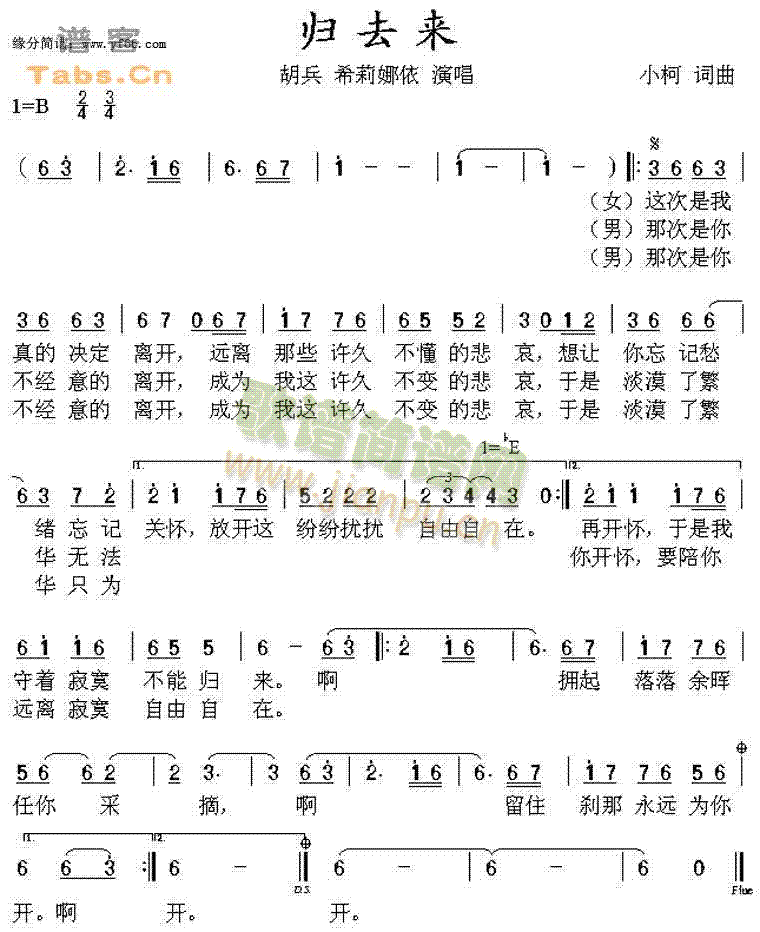 胡兵希莉娜依 《归去来》简谱