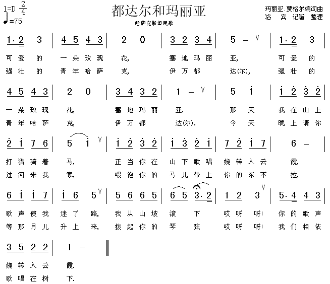 袁晨野 《都达尔和玛丽亚（哈萨克族民歌）》简谱