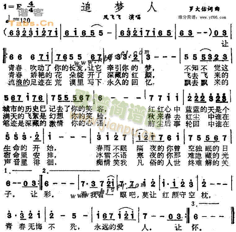 凤飞飞 《追梦人》简谱