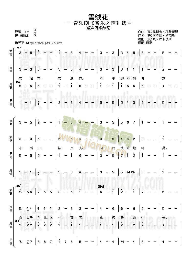 美国电影 《雪绒花（中文）》简谱